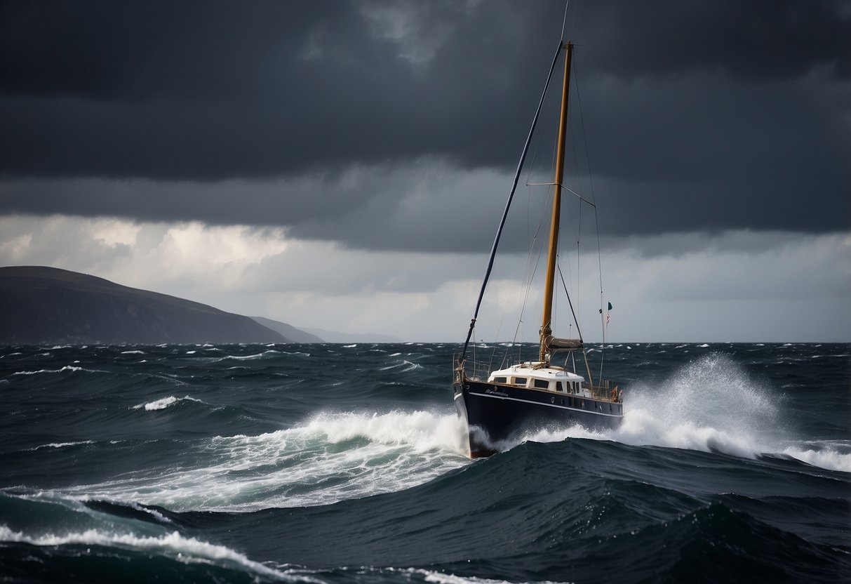 A boat navigating through choppy waters at high altitude, with dark clouds and strong winds in the background