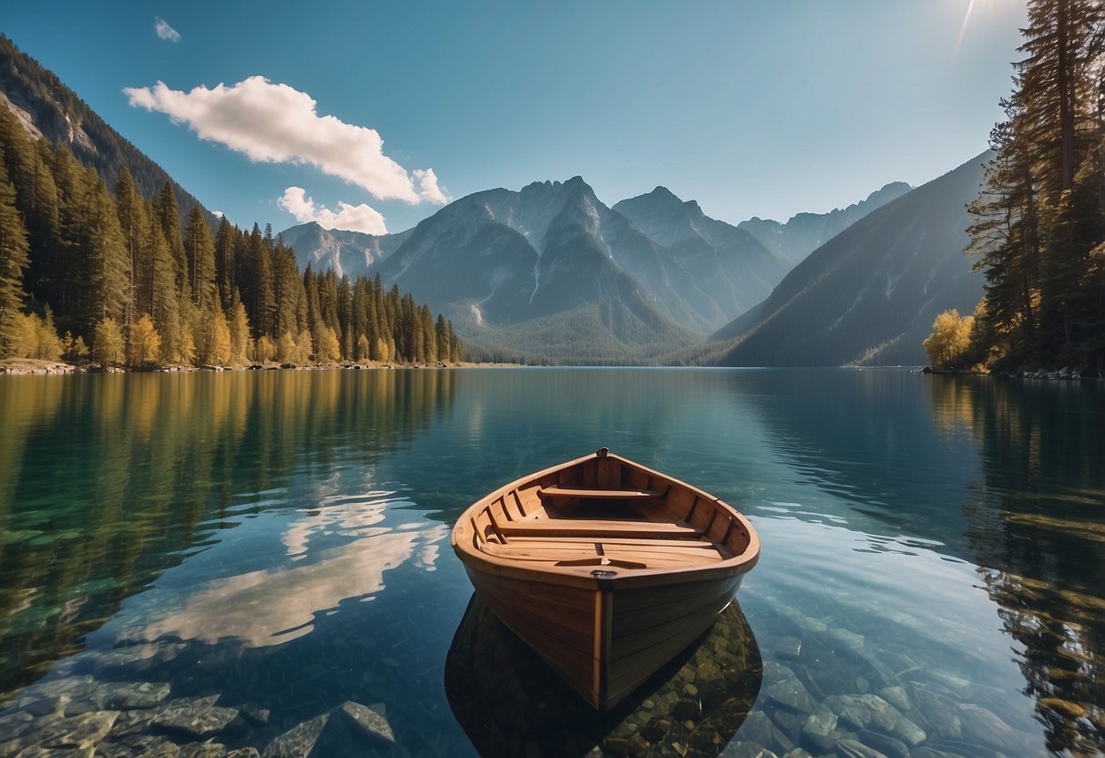 A serene lake surrounded by towering mountains, with a small boat floating on the calm water. The sun is shining brightly, and there are clear blue skies overhead