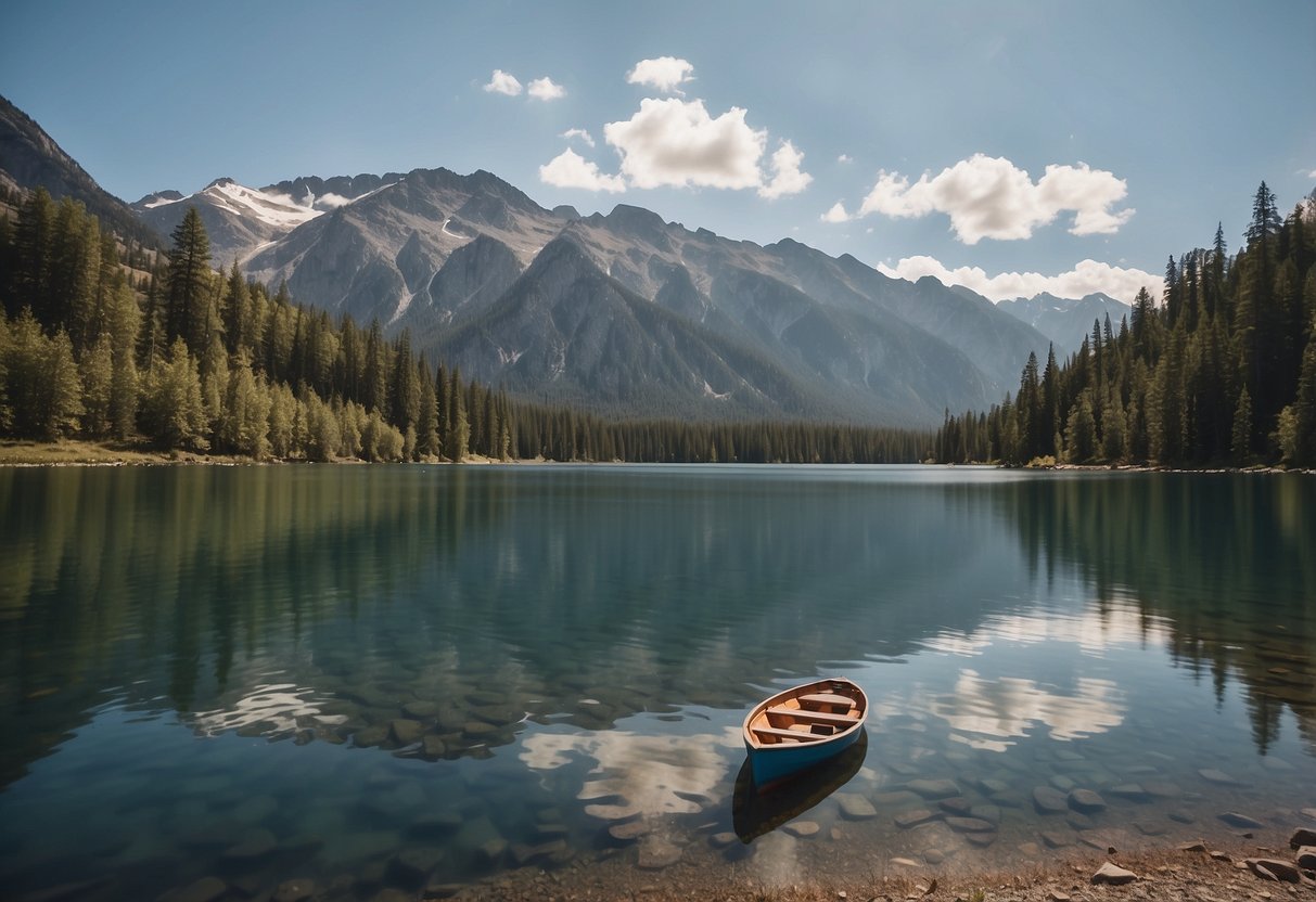 A boat navigates through a high-altitude lake, surrounded by towering mountains. Signs displaying local boating regulations are posted along the shore