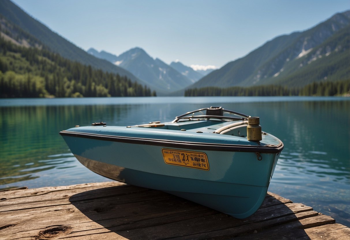 A boat on a serene mountain lake, surrounded by tall peaks and clear blue skies. A small fuel canister is securely stowed on board, ready for any high altitude boating adventure