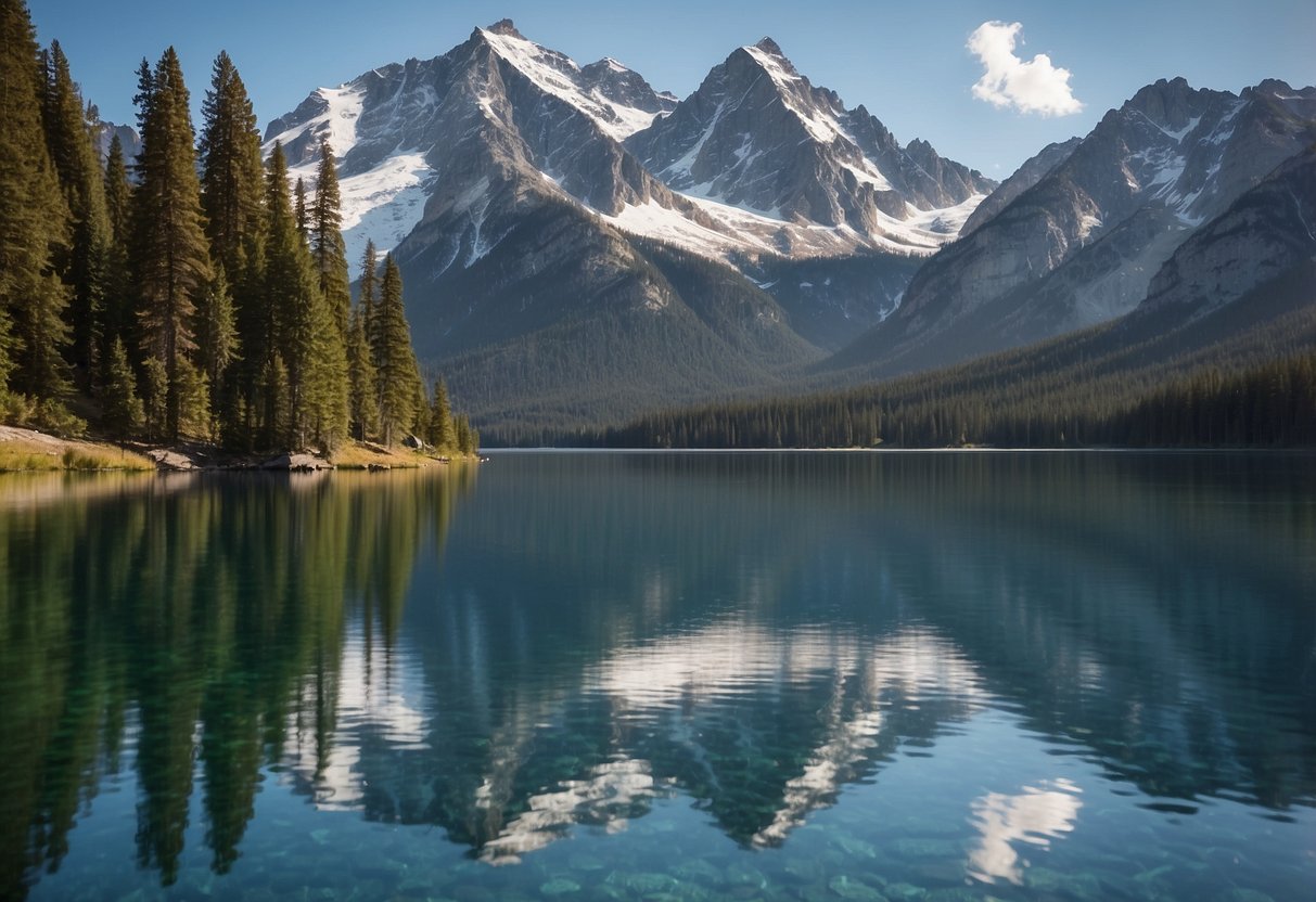 A boat navigates through a serene, high-altitude lake surrounded by towering mountains. The water is crystal clear, reflecting the blue sky above. The boat's wake creates gentle ripples on the surface