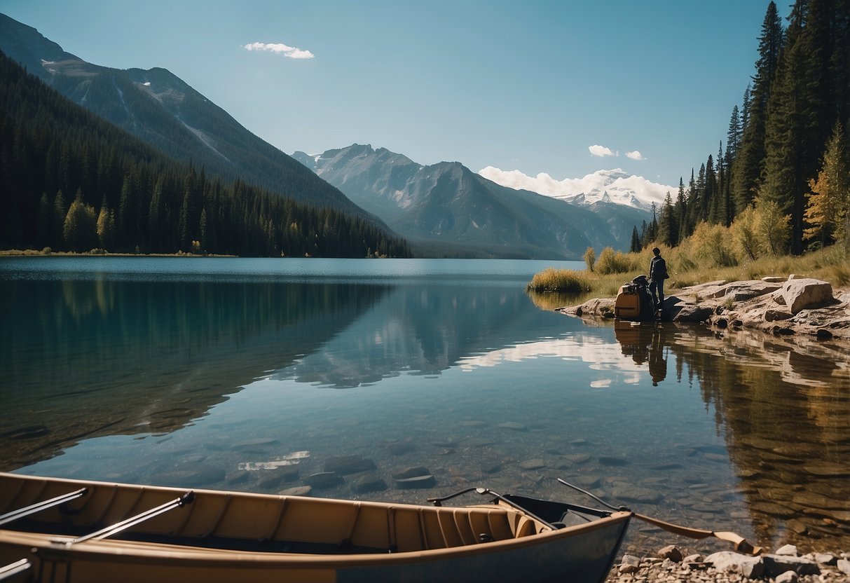 A boat on a serene, high-altitude lake. A person checks oxygen levels with a portable device. Mountains loom in the background