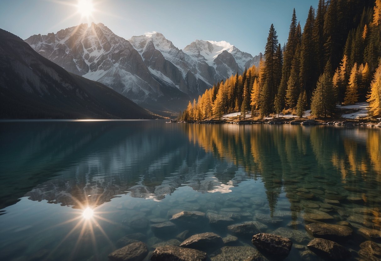 A boat glides across a pristine alpine lake, surrounded by towering snow-capped peaks. The air is thin and crisp, with the sun casting a golden glow over the tranquil waters