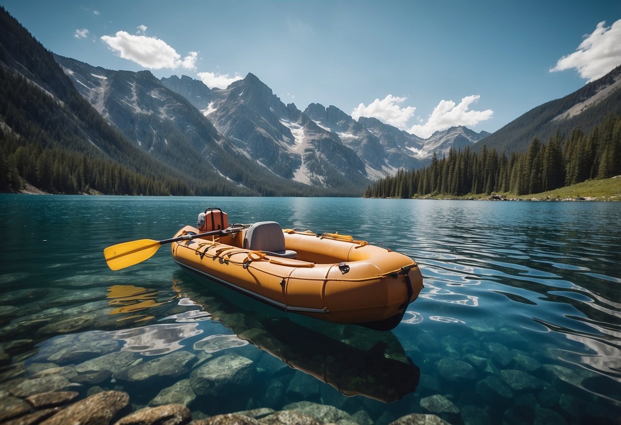 A boat cruising on a pristine mountain lake, surrounded by towering peaks and clear blue skies. Life jackets and emergency equipment are visible on board, with a serene and cautious atmosphere