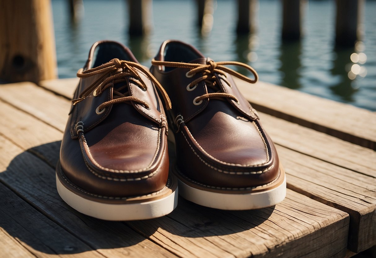 A pair of boating shoes arranged neatly on a wooden dock, surrounded by a calm, sunlit waterfront. The shoes are stylish and comfortable, with non-slip soles and breathable material