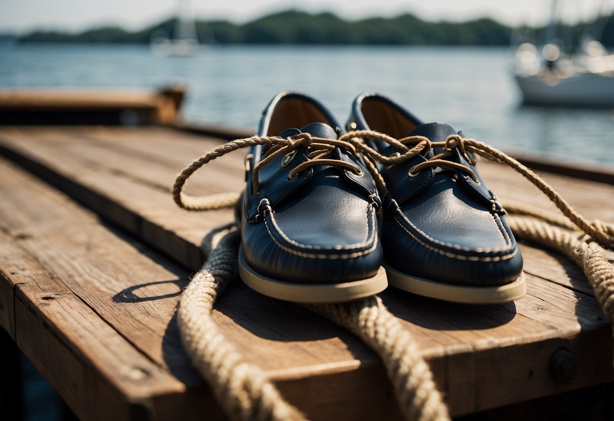 A pair of Sperry Top-Sider A/O 2-Eye Boat Shoes sits on a wooden dock, surrounded by nautical ropes and a view of the open water