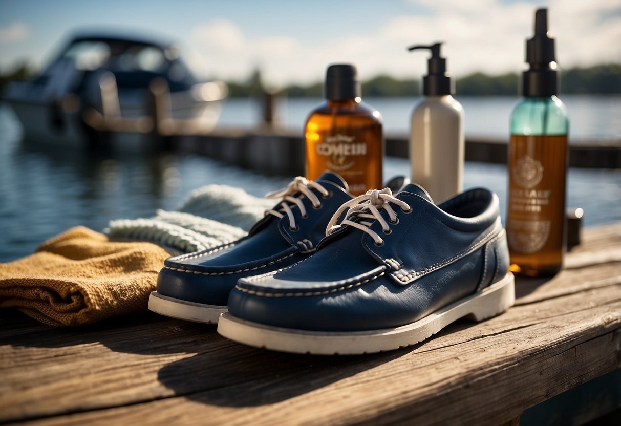 Boating shoes arranged neatly with a bottle of shoe cleaner, a soft brush, and a cloth on a wooden dock. Sunshine and water in the background