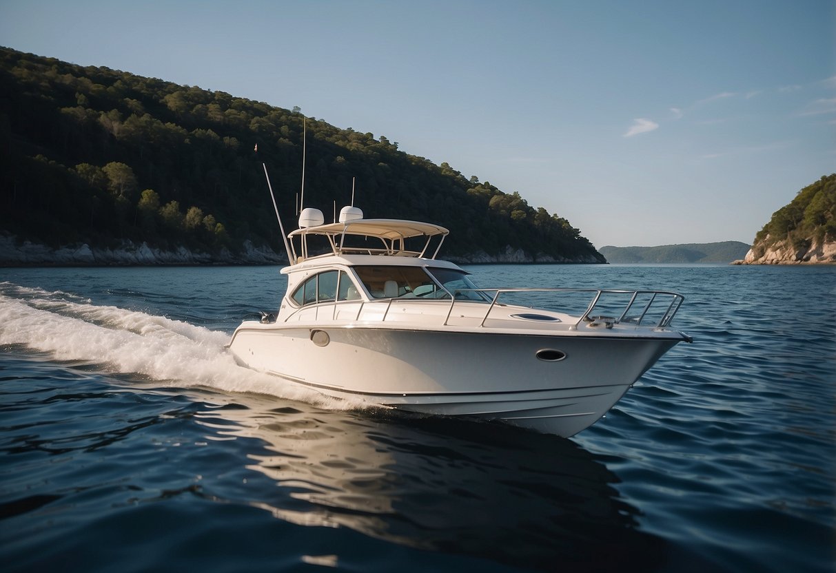 A boat navigating calm waters, displaying proper use of safety equipment and navigation tools. Clear skies and calm seas indicate ideal boating conditions