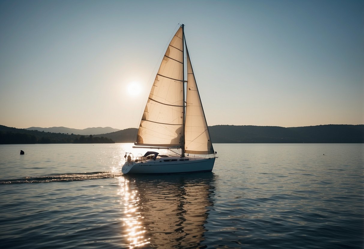 The sun shines down on a calm, blue lake. A sailboat glides across the water, its sails billowing in the gentle breeze