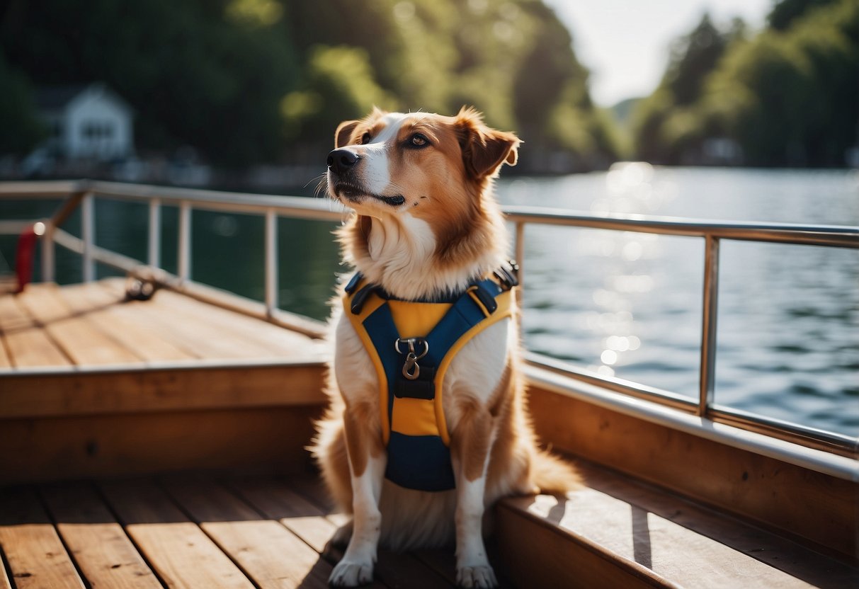 A dog sits on a boat deck, wearing a life jacket. A cat lounges in a shady spot, with a water bowl nearby. A bird perches on the railing, watching the water