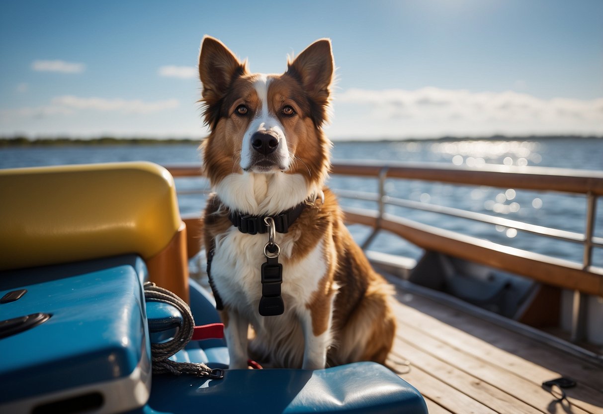 A dog sits on a boat deck, surrounded by water and blue skies. A life jacket and leash are nearby. The sun is shining, and the dog looks content