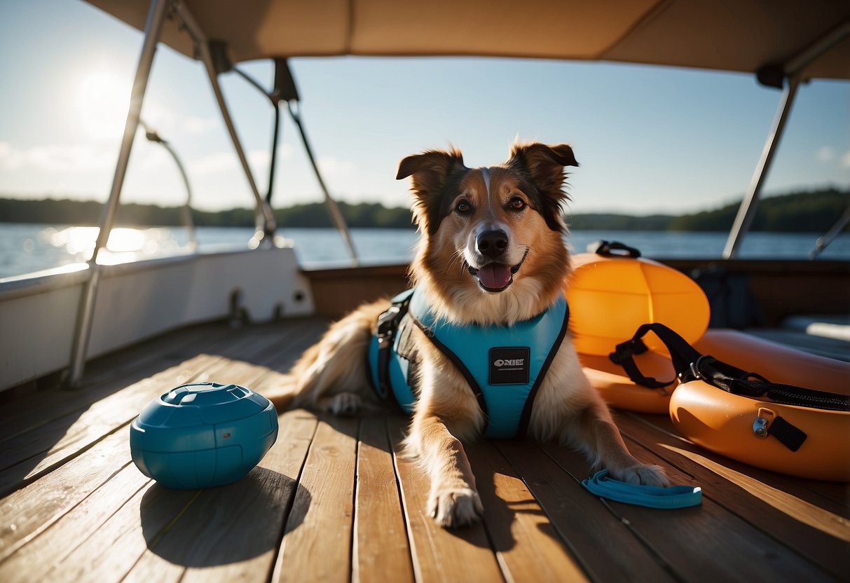 A dog sits on a boat deck surrounded by pet-friendly essentials: water bowl, life jacket, leash, and toys. The sun shines on the calm water