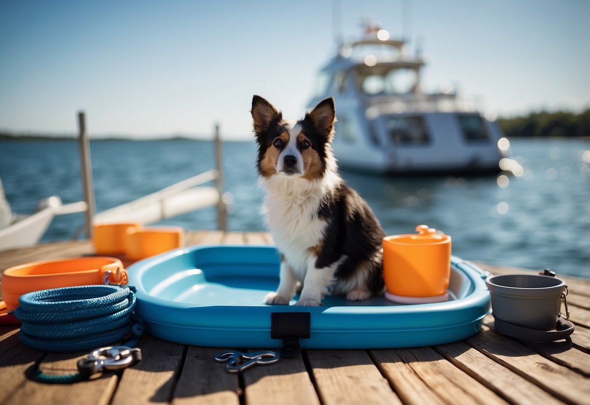 A boat deck with a shaded area, pet water bowls, toys, and a pet bed. A leash and life jacket hang nearby. Blue water and a sunny sky in the background