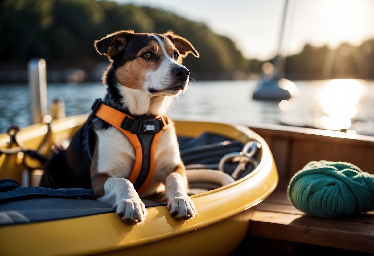 A dog sits on a boat deck, surrounded by pet supplies. A life jacket, water bowl, and leash are nearby. The sun shines on the water in the background