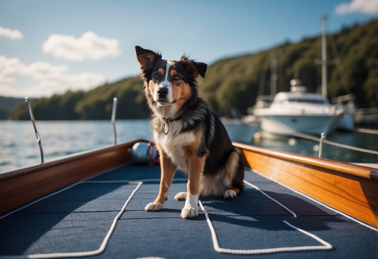 A dog stands on a non-slip mat on a boat deck, water ripples in the background. A leash is secured to the boat's railing