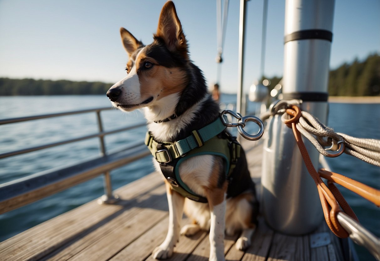 A dog leash is being secured to the boat's railing. A pet life jacket is laid out on the deck. Water and food bowls are placed in a secure area