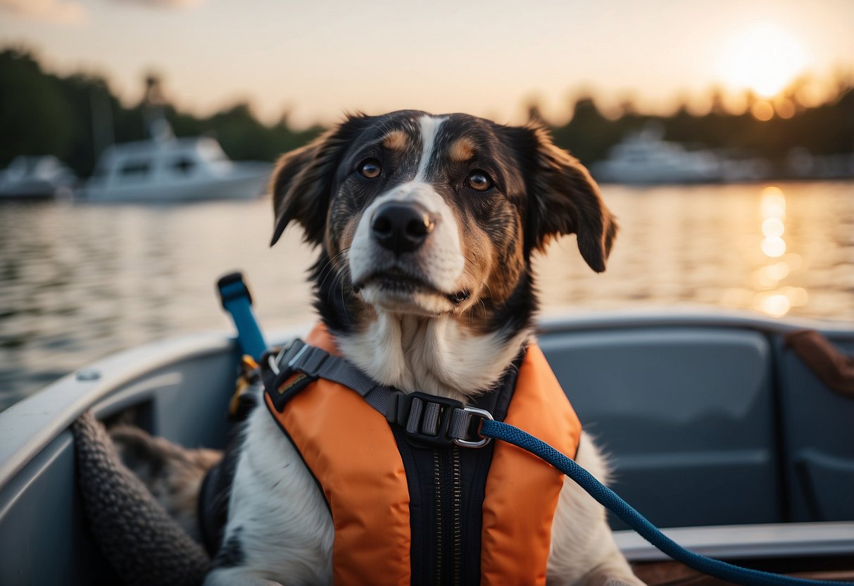 A dog wearing a life jacket sits on the edge of a boat, looking out at the water. Another dog is lying down, relaxed, with a leash tied to the boat