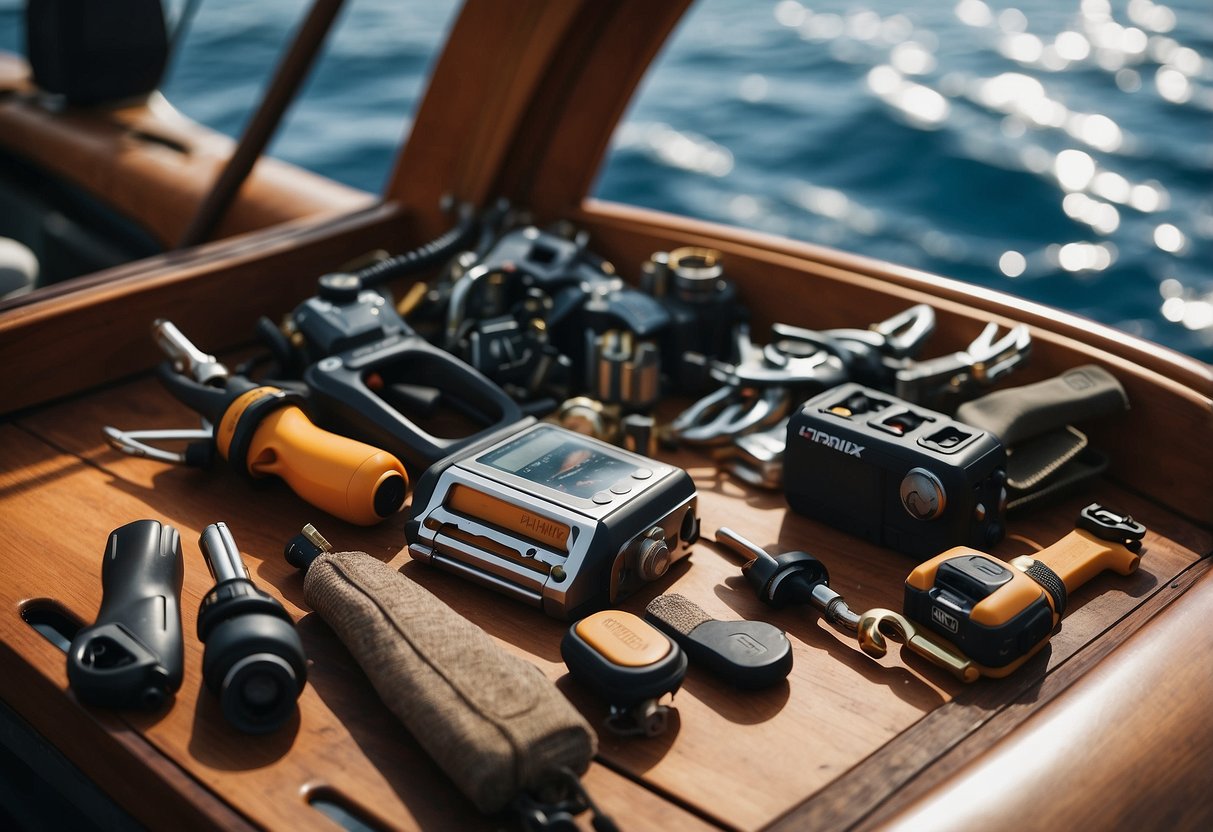 A boat deck with 5 multi-tools laid out, surrounded by nautical equipment and accessories. The tools are sleek and durable, perfect for boating needs