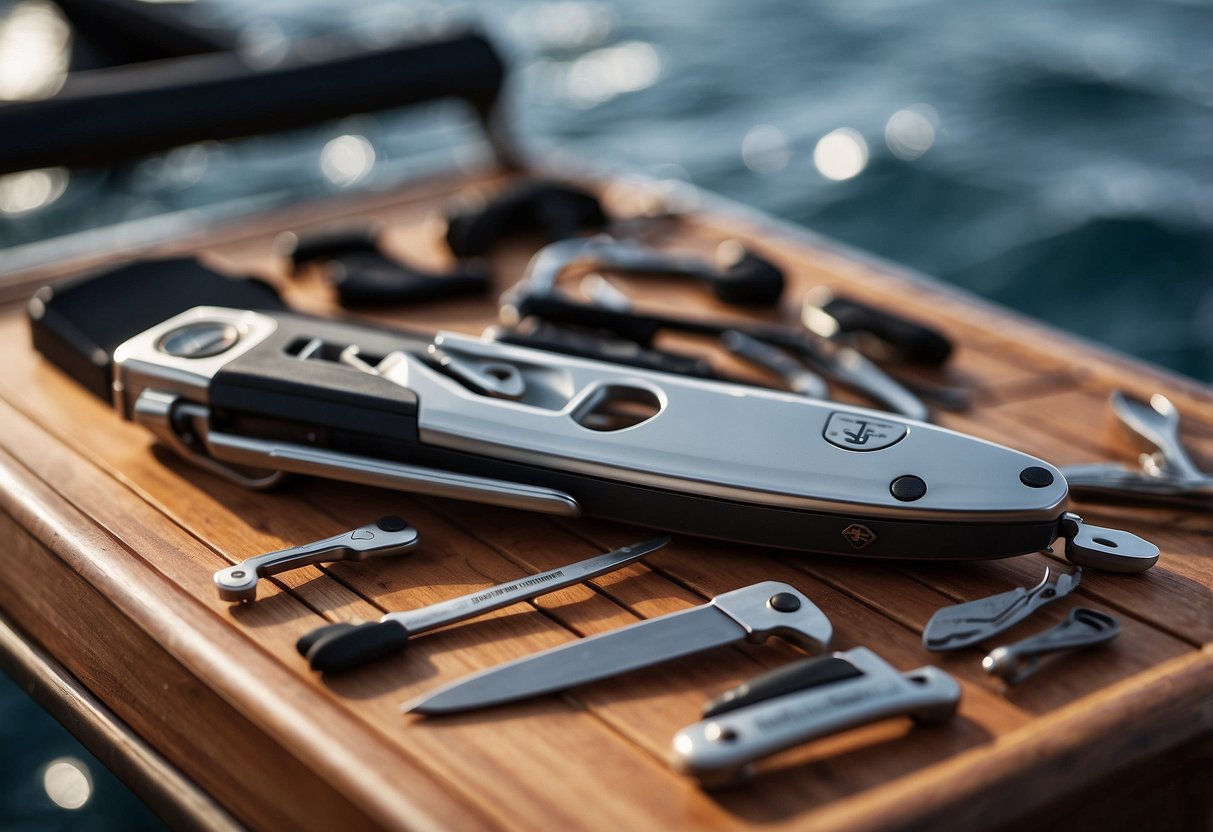 The Victorinox SwissTool Spirit X is laid out on a boat deck, surrounded by nautical tools and equipment. The multi-tool is open, showcasing its various functions and sleek design