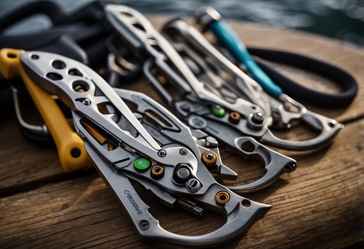 A Leatherman Skeletool RX multi-tool rests on a boat deck, surrounded by nautical equipment and tools. The tool's sleek design and bright colors stand out against the boat's rugged surfaces