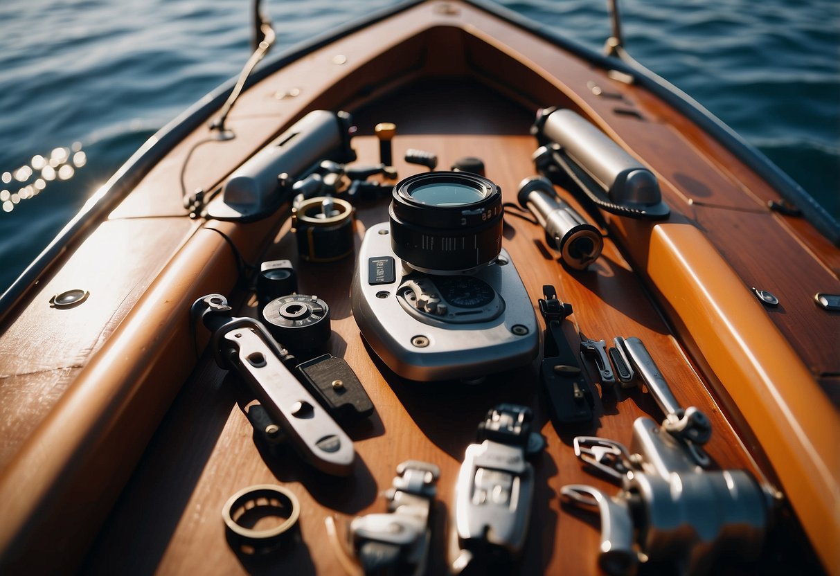 A boat deck with 5 different multi-tools laid out neatly, surrounded by various boating equipment and accessories