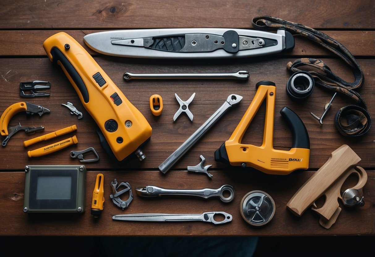 A table with various multi-tools neatly organized, surrounded by boating equipment