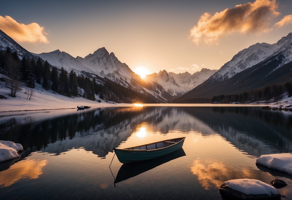 Snow-covered mountains surround a serene lake, with a small boat gliding through the calm waters. The sun sets behind the peaks, casting a warm glow over the winter scene