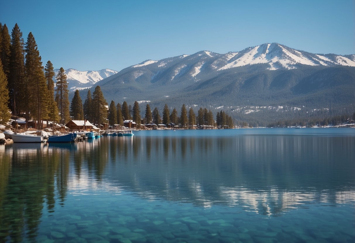 A serene lake surrounded by snow-capped mountains, with a few boats gliding across the clear blue waters. Snowflakes gently falling, creating a picturesque winter scene at Lake Tahoe, California