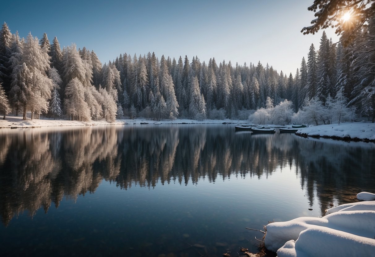 A serene lake surrounded by snow-covered trees, with a few boats gliding across the icy waters under a clear winter sky