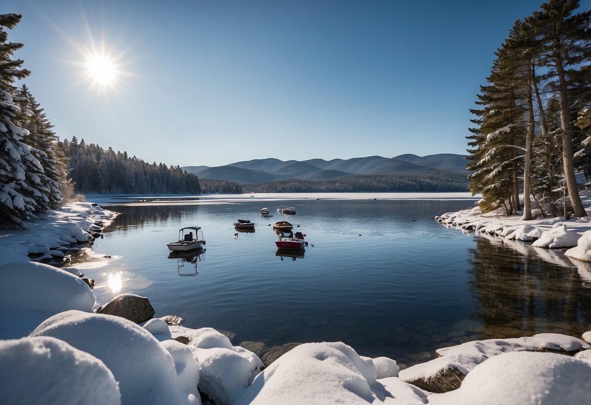 Snow-covered mountains surround a frozen Lake Winnipesaukee, with a few boats breaking through the ice, creating a serene winter boating scene