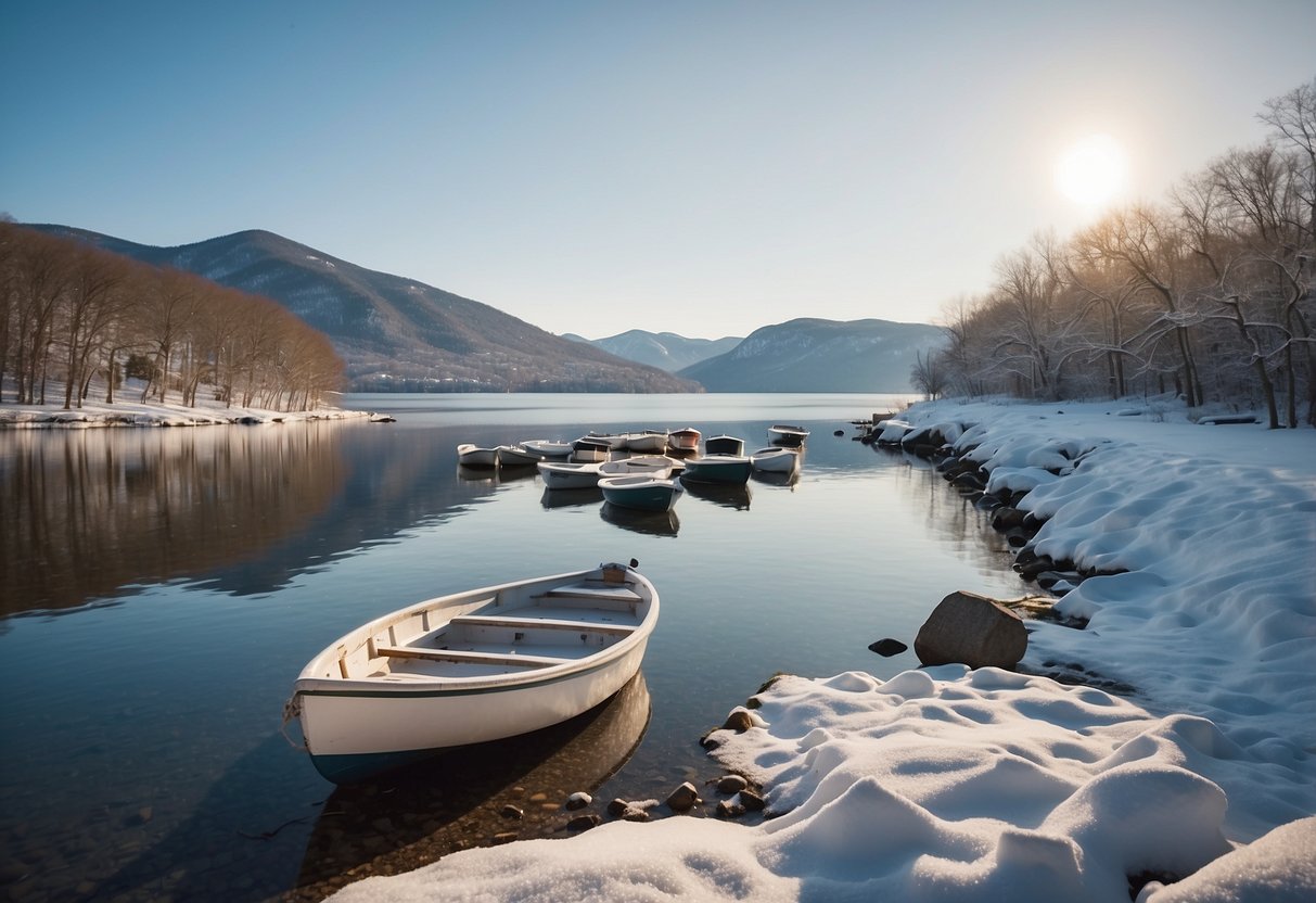 A serene winter scene at Lake Champlain, New York. Snow-covered boats docked along the calm waters, surrounded by picturesque mountains and a clear blue sky