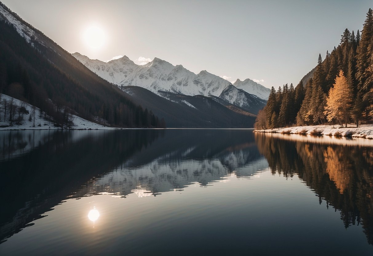 Snow-capped mountains surround a tranquil lake with a boat gliding across the smooth, glistening water. The winter sun casts a warm glow, highlighting the peaceful beauty of the scene