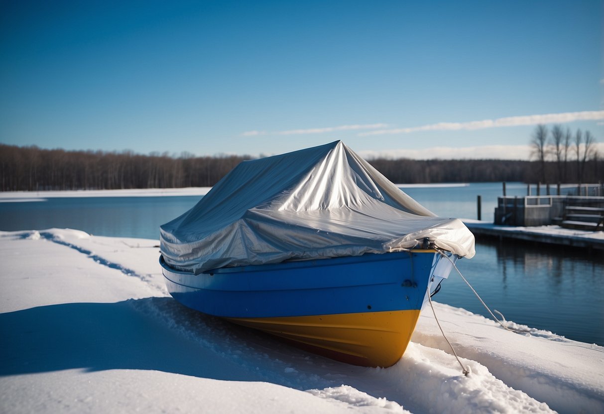 Boat covered with tarp, secured to dock, winterizing supplies stored nearby. Snow-covered landscape with frozen water and clear blue skies