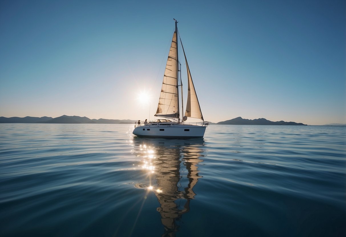 A boat sailing smoothly on calm waters, with a clear blue sky and gentle breeze. The horizon is visible, and the boat is steady, showing no signs of rocking or swaying