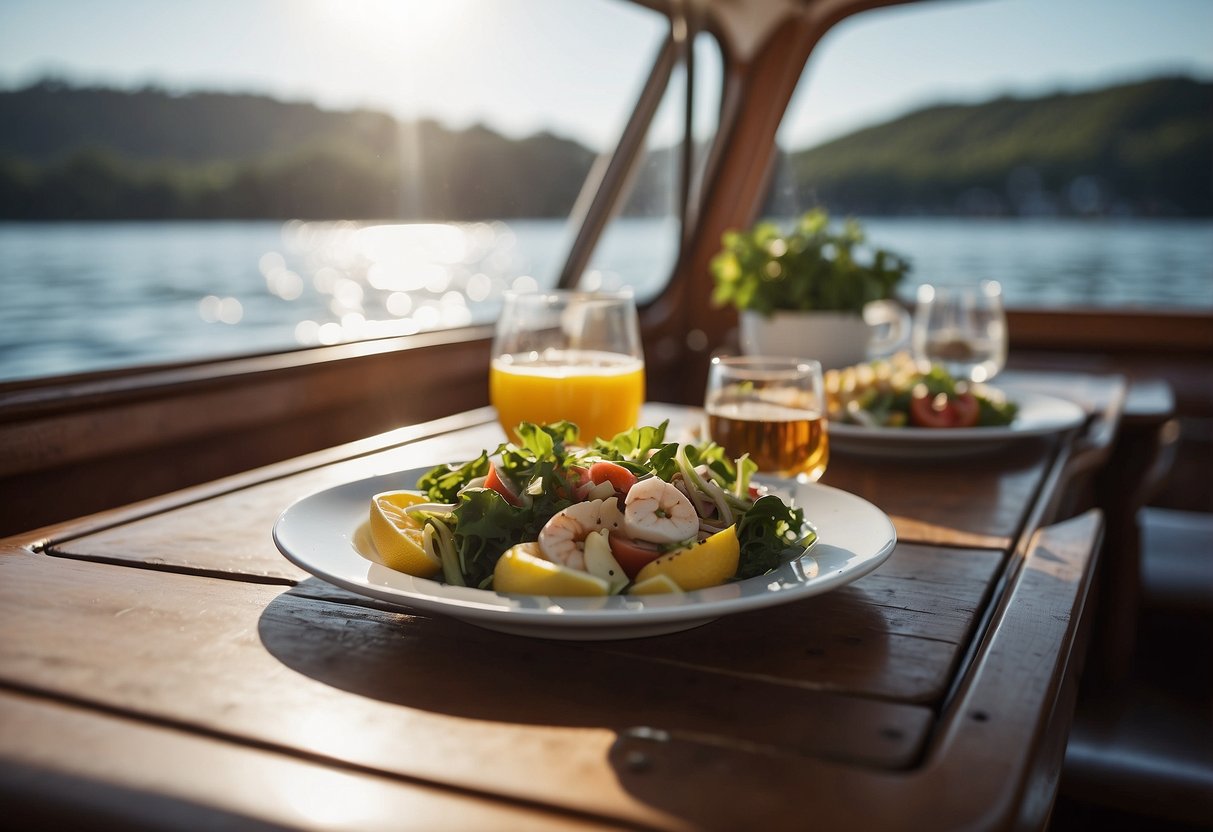 A boat on calm waters with a table set for a light meal. The sun is shining, and the sky is clear. The boat is steady, with no signs of motion sickness