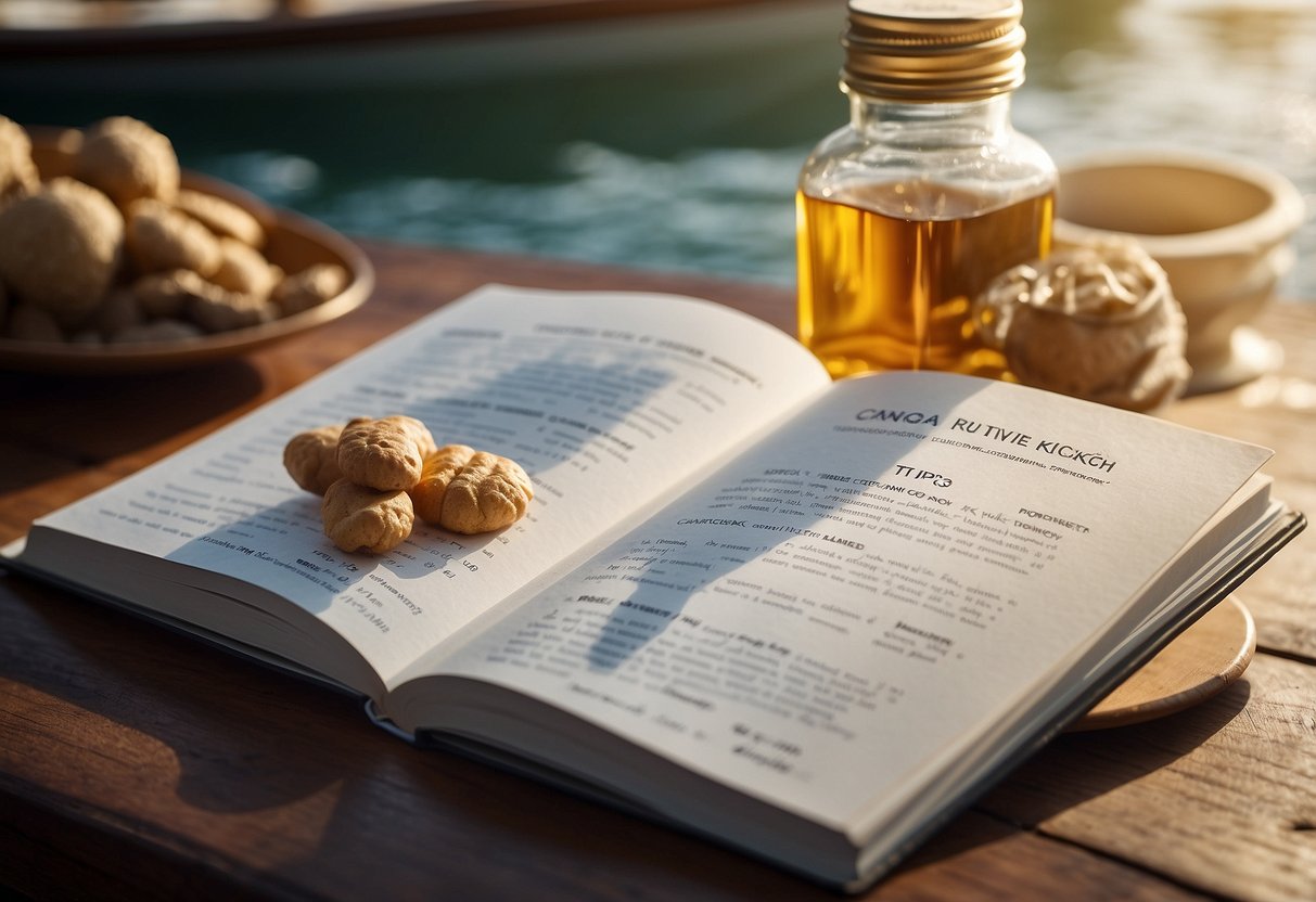 A boat sailing smoothly on calm waters, with a bottle of ginger supplements and a list of "7 Tips for Avoiding Seasickness" displayed prominently