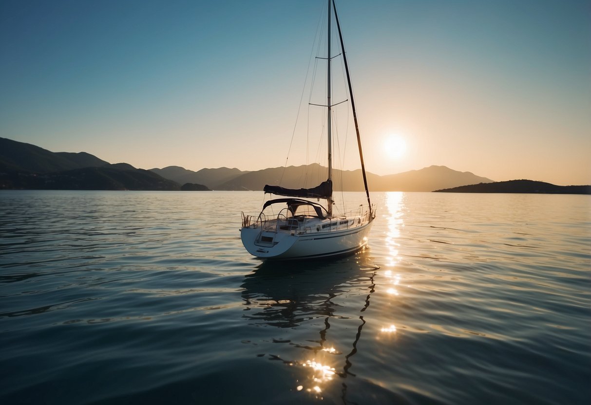 A boat sailing on calm waters with a clear horizon in the background, under a bright sunny sky