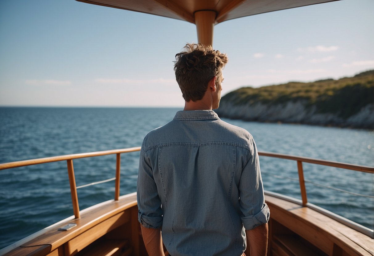 A calm boat on the water, with a clear blue sky and gentle waves. A person standing on the deck, looking out at the horizon with a relaxed expression