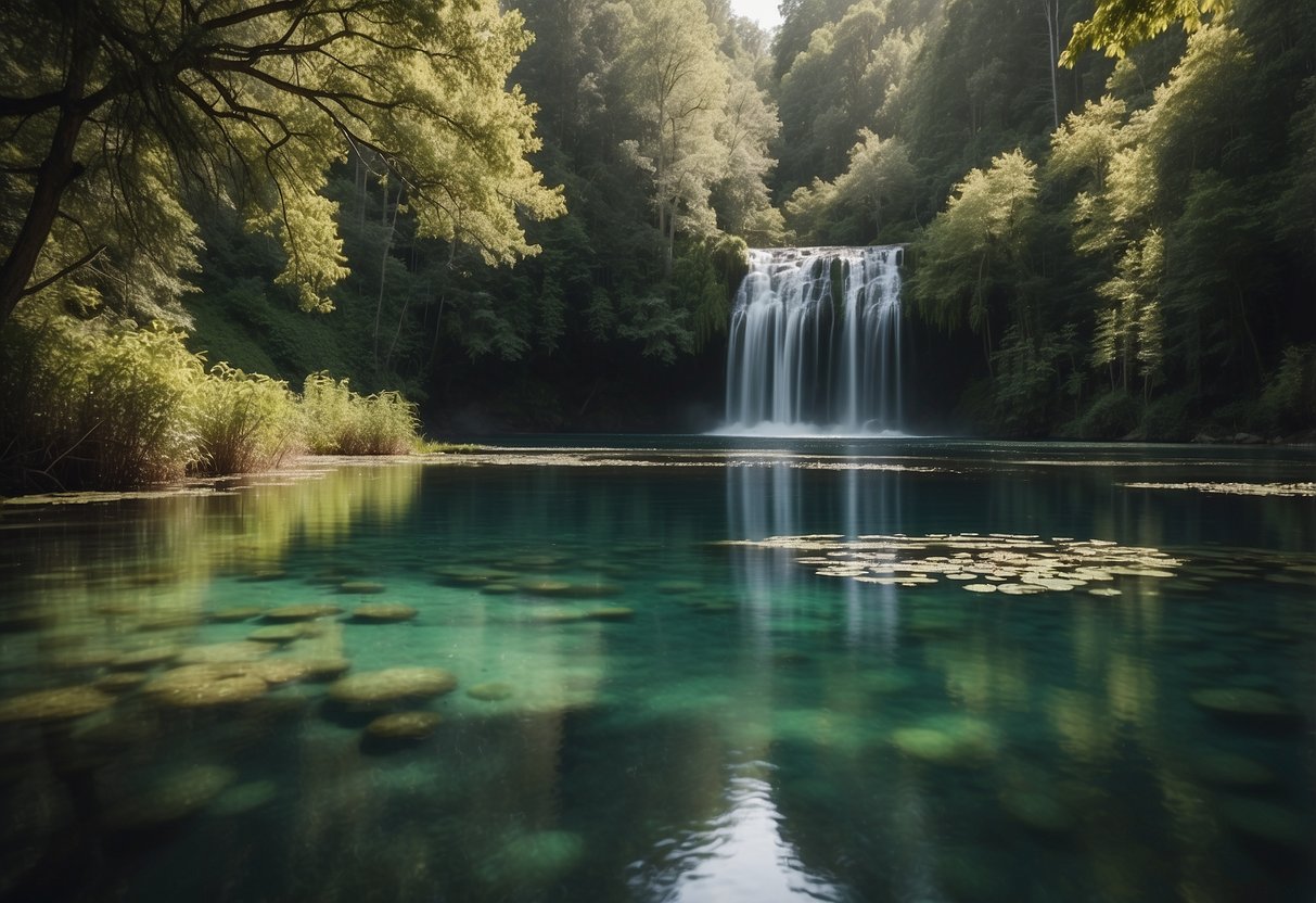 Crystal clear lake surrounded by lush green trees, a flowing river with gentle rapids, a serene pond with lily pads, a tranquil bay with calm waters, and a sparkling ocean with gentle waves