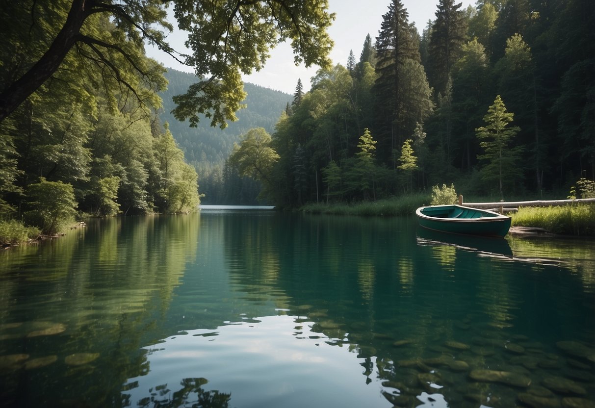 Crystal clear lake with a boat floating peacefully. A stream flows into the lake, surrounded by lush greenery. A well-maintained water source sign is visible nearby