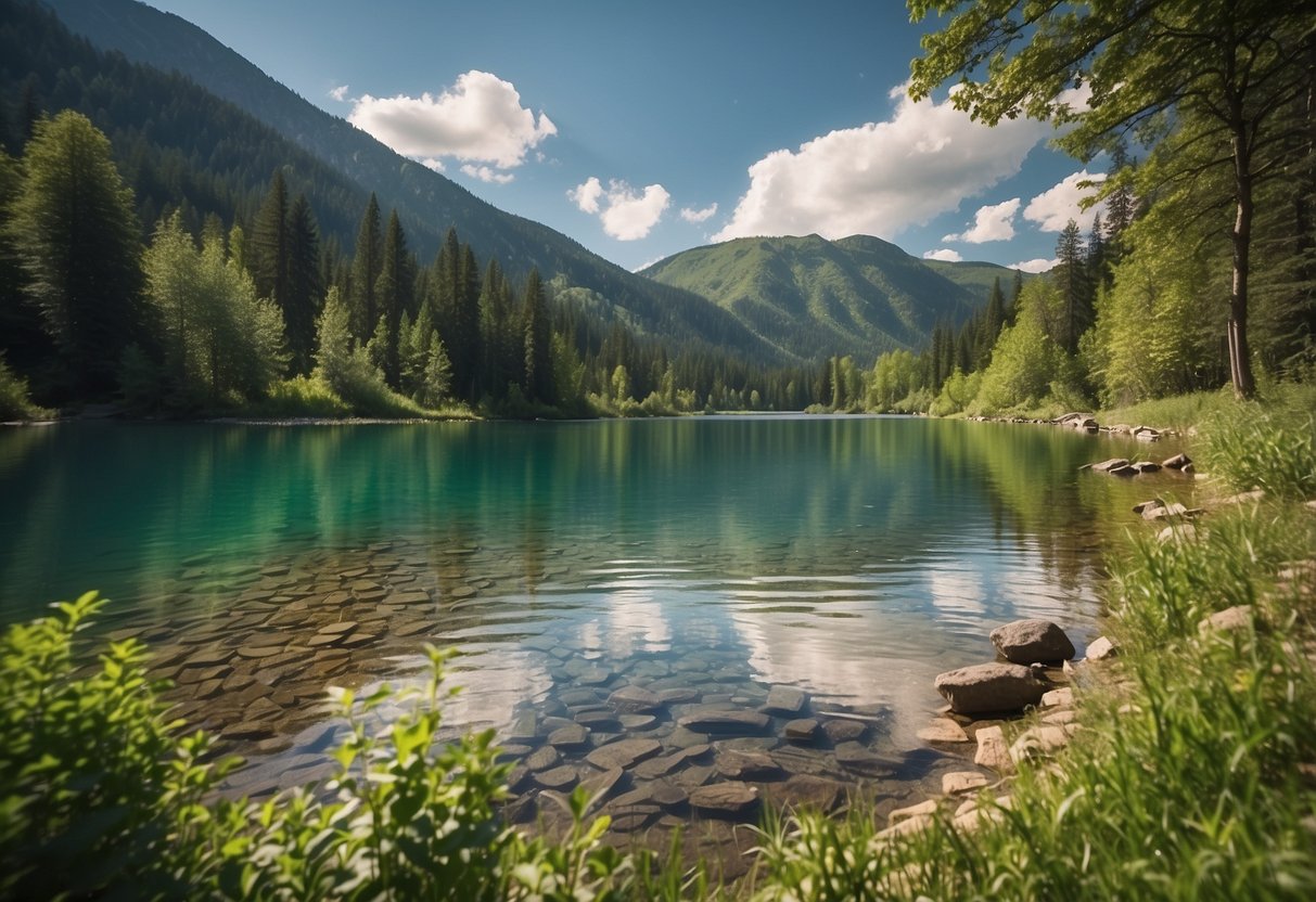 Crystal clear lake with a backdrop of lush green mountains. A flowing river with gentle rapids. A tranquil bay with calm waters. A serene pond surrounded by trees. A sparkling spring bubbling up from the ground