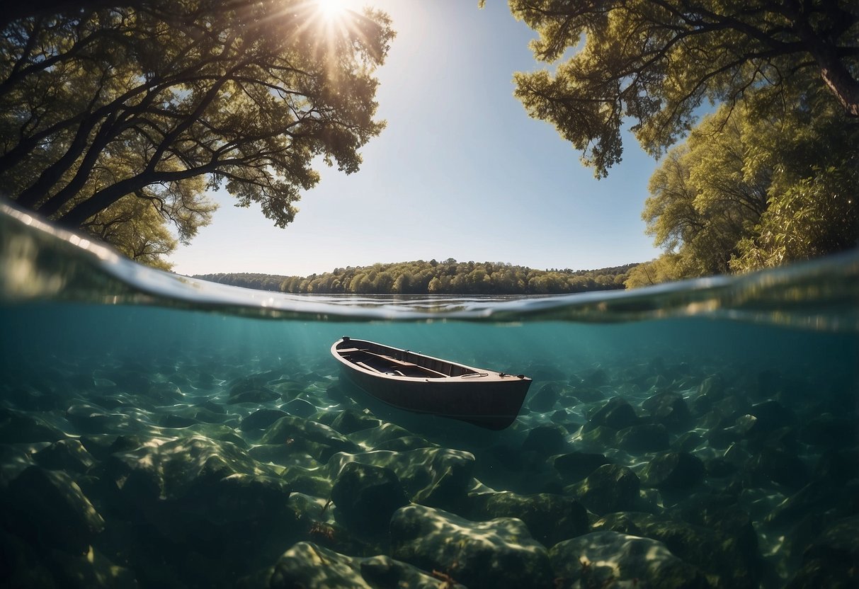 A boat glides through calm waters, leaving no wake behind. Trash and debris are carefully stowed away, and the serene natural surroundings remain undisturbed