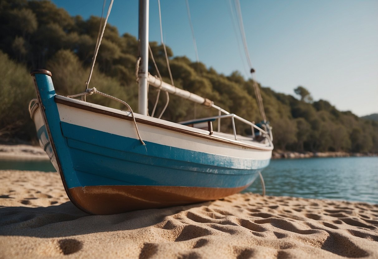 Anchored boat in sandy area with no human presence, surrounded by pristine nature