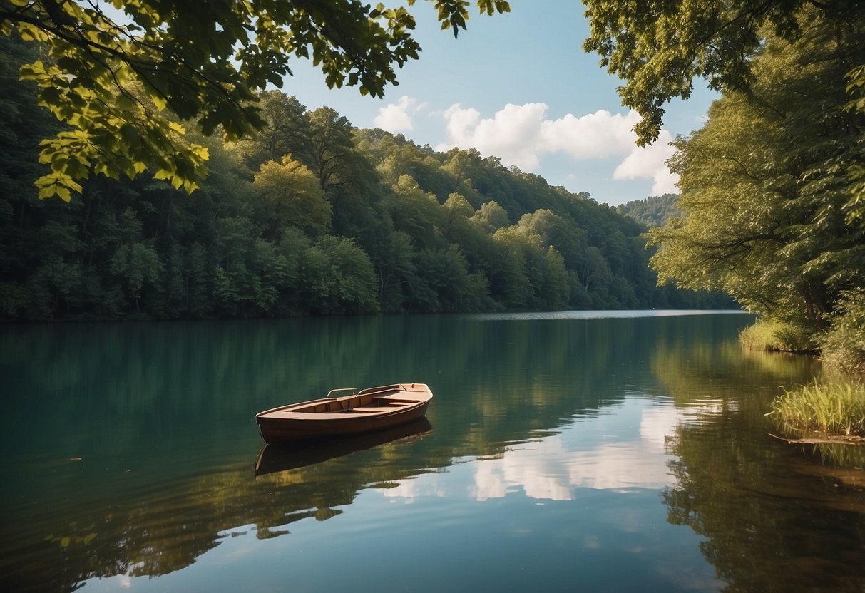 A serene lake with a boat gliding through calm waters, surrounded by lush greenery and wildlife at a safe distance