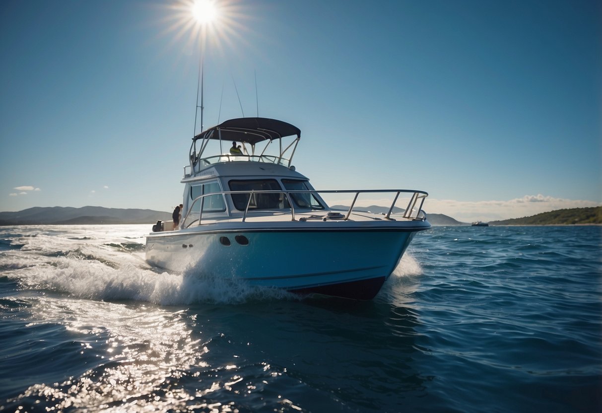 A boat sailing on clear blue waters, leaving no trace behind. Marine-friendly fuel being used, with 10 ways to minimize impact illustrated on the boat