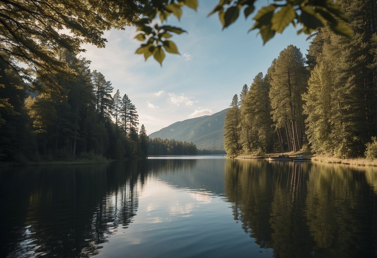 A serene lake with a boat gliding through calm waters, surrounded by untouched nature. No signs of human presence, only the gentle ripples left behind by the boat