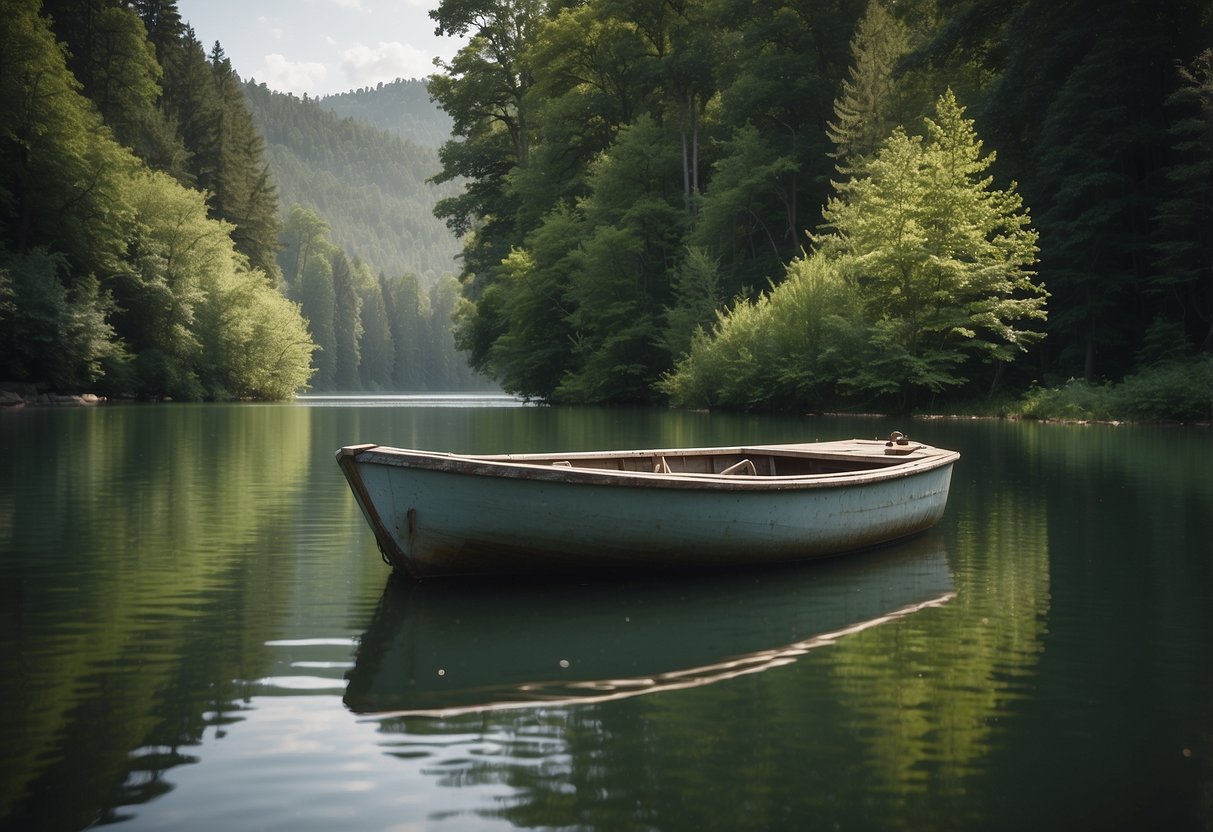 A serene lake with a boat floating peacefully, surrounded by lush green trees. A sign nearby displays "Follow Fishing Regulations" and "10 Ways to Leave No Trace While Boating"