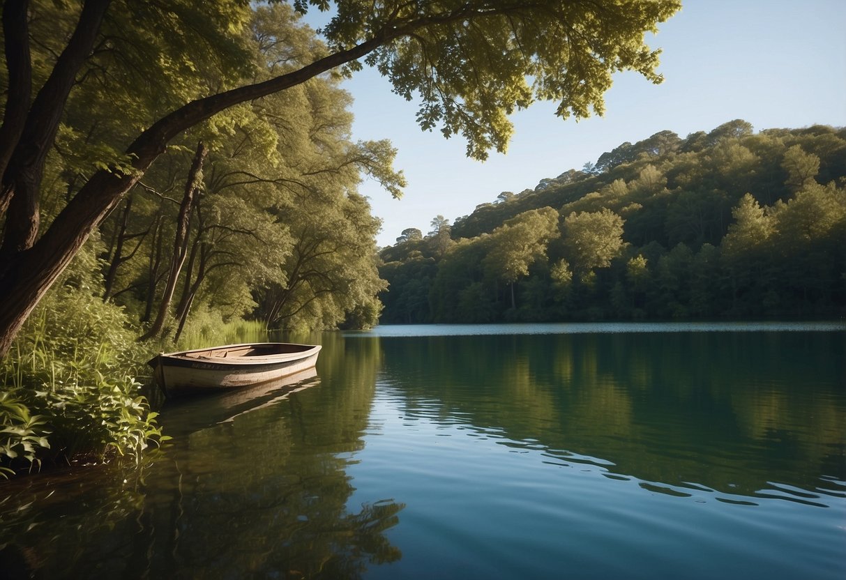 A serene lake with a "No Wake Zone" sign, surrounded by lush vegetation and wildlife. A boat glides peacefully through the calm waters, leaving no trace behind