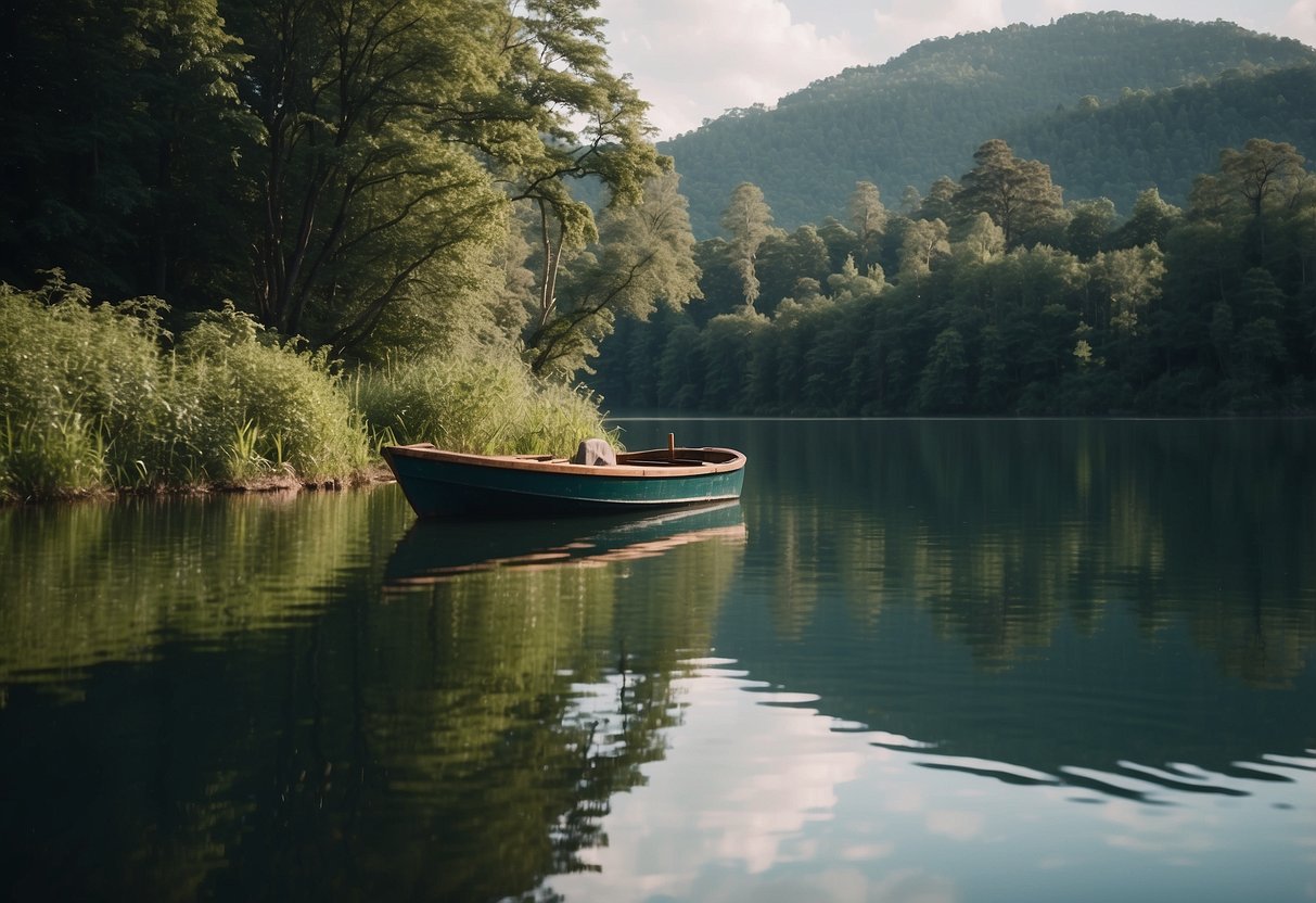 A boat drifting on a calm lake, surrounded by lush greenery. A variety of wildlife, including birds and fish, can be seen in the water and on the shore