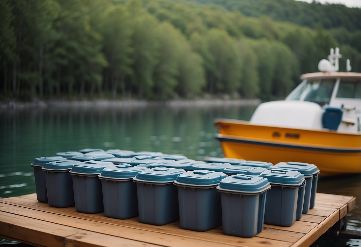 Reusable containers arranged neatly on a boat deck, surrounded by natural scenery. No trash or waste in sight